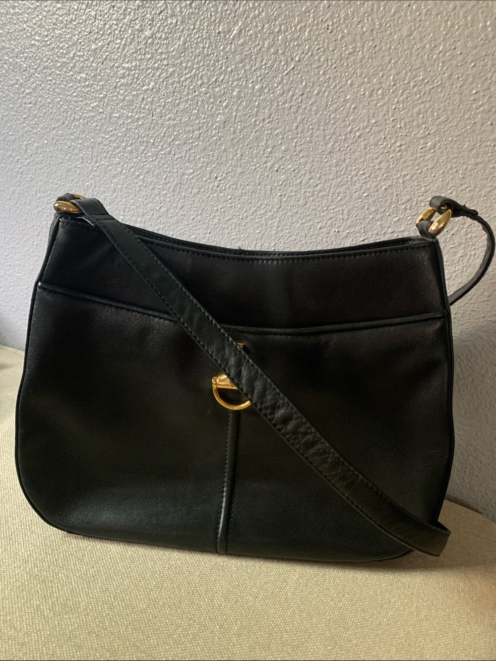 Etienne Aigner Black Cowhide Leather Shoulder Bag with Gold Accent